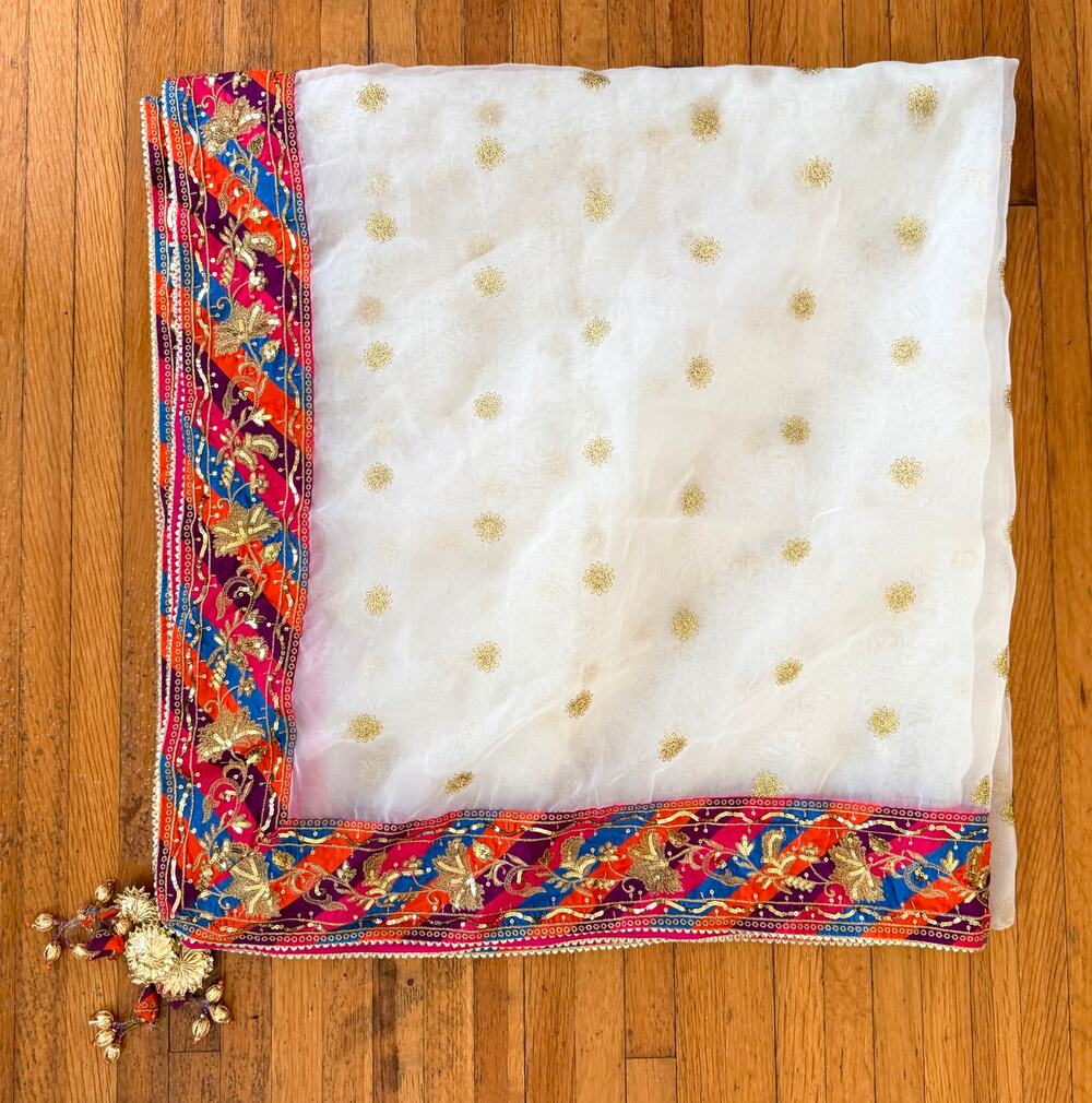 Vintage Indian White Dupatta Net Scarf, Multi Color Phulkari Border 101x47
